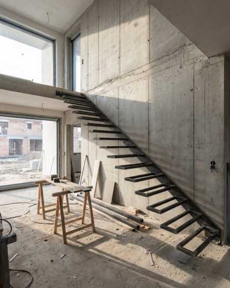 escalier flottant avec marches suspendues en cours de fabrication